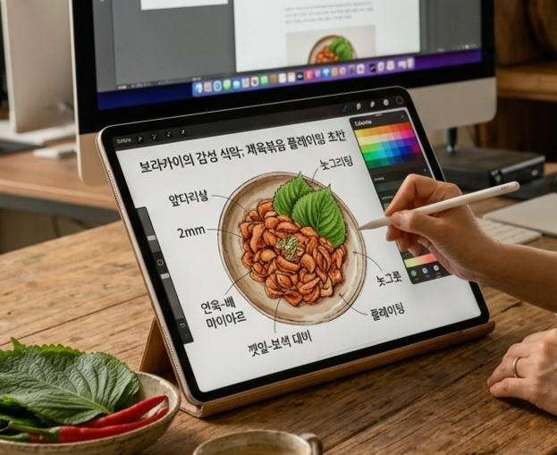 따뜻한 원목 테이블 위에서 한 여성이 아이패드와 스타일러스 펜을 사용하여 '제육볶음 플레이팅 초안'을 드로잉하고 있다. 태블릿 화면에는 정갈하게 담긴 제육볶음 일러스트가 그려져 있으며, '앞다리살 2mm', '연육-배', '마이야르', '깻잎-보색 대비', '놋그릇' 등 요리의 핵심 요소와 과학적 원리를 설명하는 메모가 세밀하게 적혀 있다. 배경에는 대형 모니터와 함께 깻잎과 홍고추가 담긴 그릇이 놓여 있어 요리 연구가 보라카이의 감성적인 주방 공간을 잘 보여준다.