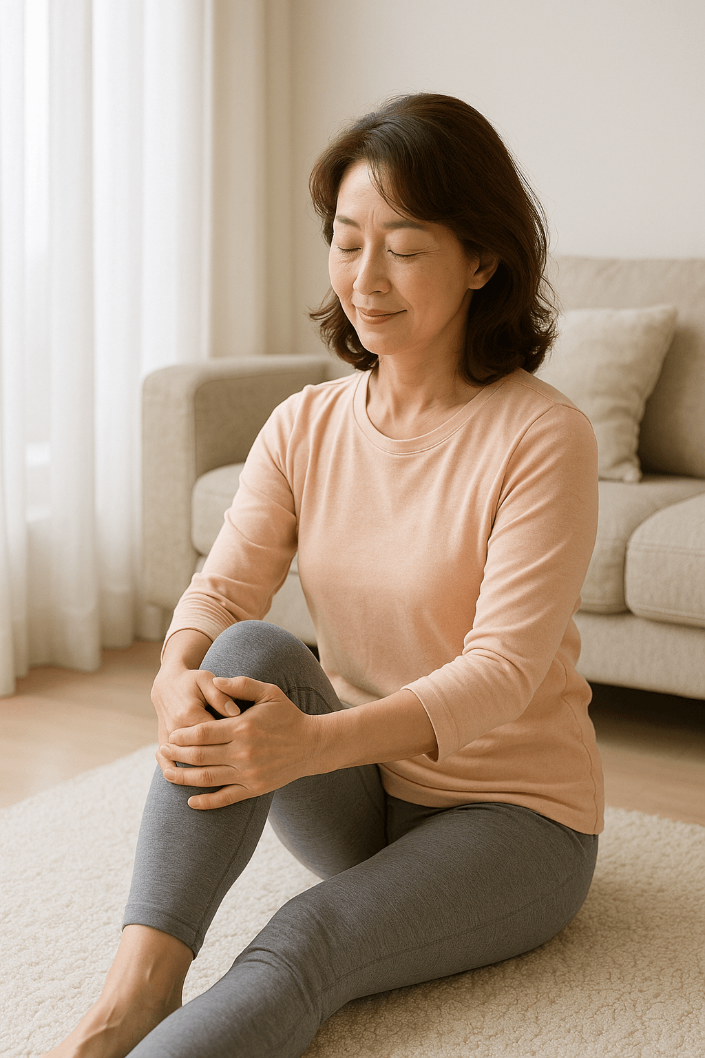 실내에서 부드럽게 스트레칭 중인 중년 여성(출처**자체제작)