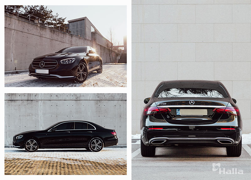 이재환 프로의 자동차 메르세데스 벤츠 E250 아방가르드 2021년식. 시계 방향으로 정면, 후면, 측면 이미지