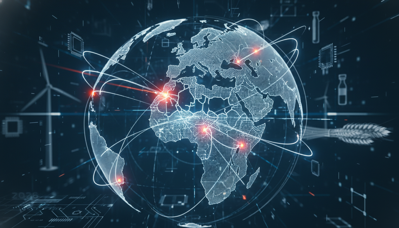 파란색과 회색 톤의 복잡한 디지털 아트. 지구본을 중심으로 얽히고설킨 글로벌 공급망이 빛나는 선으로 표현되어 있으며, 일부는 끊어지고 재연결되는 모습. 배경에는 반도체, 전기차 부품, 풍력 터빈, 의약품, 밀 이삭 등 핵심 산업 요소들이 희미하게 비침. 2026년 글로벌 공급망 재편과 경제 전망을 시각적으로 나타냄.