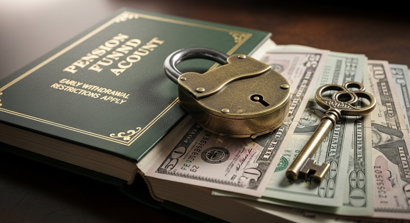 돈이 들어있는 통장에 자물쇠와 열쇠가 함께 있는 모습: 중도 인출의 제한과 연금 수령의 중요성을 상징