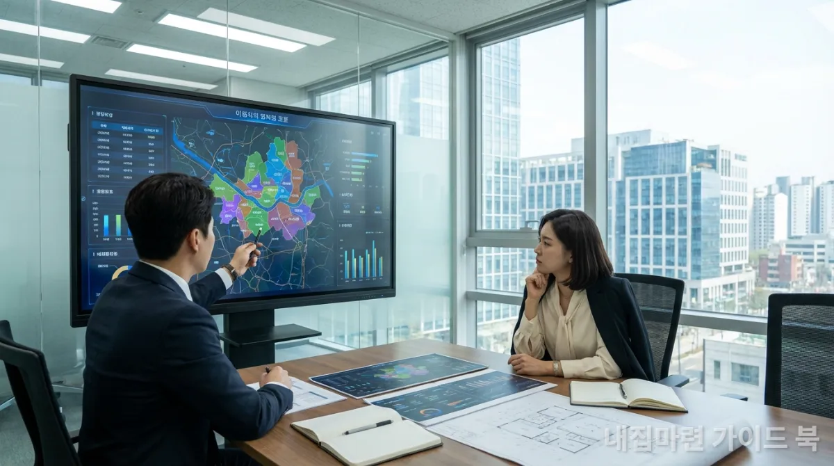 한국 지식산업센터 투자 전략을 설명하는 전문가와 경청하는 한국인 투자자의 모습