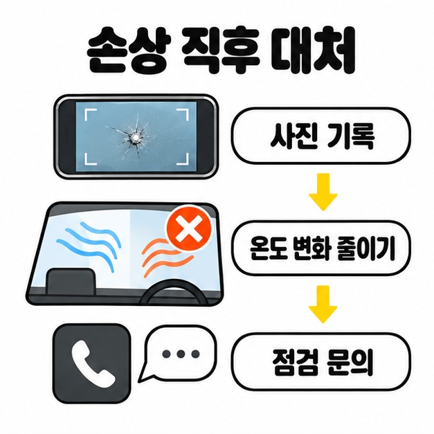 손상 직후 사진 기록, 급격한 온도 변화 줄이기, 점검 문의 순서를 사진 화면과 냉온풍 주의 그림으로 보여주는 도식