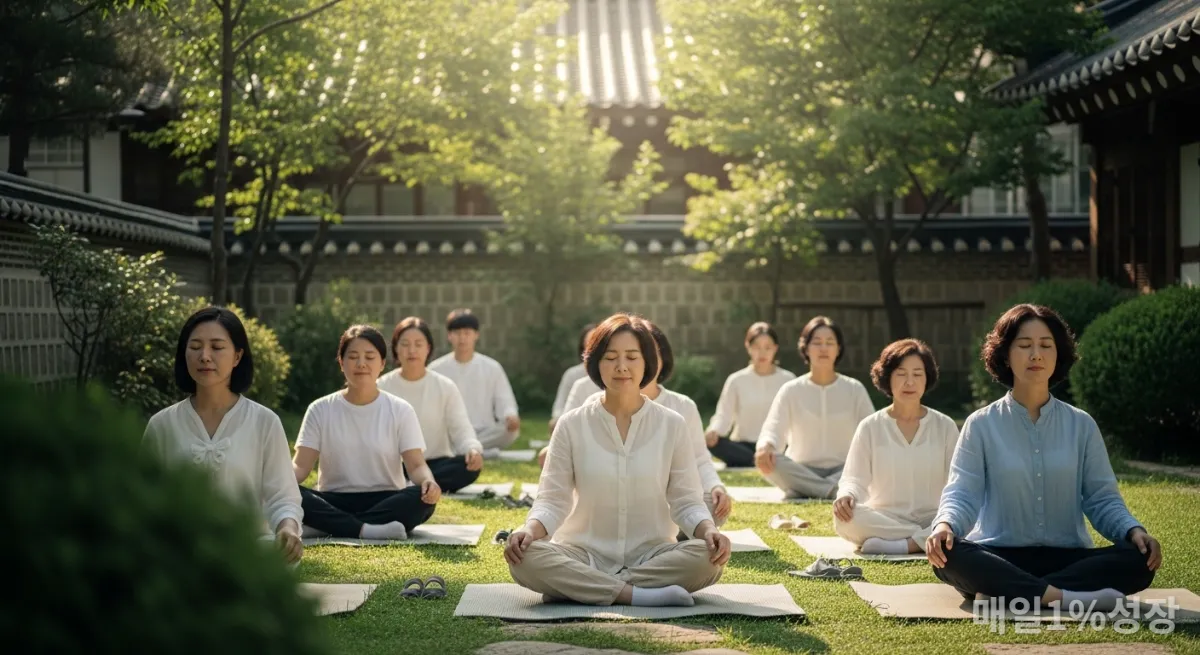 한국 전통 정원에서 마음챙김 명상을 하는 다양한 연령대의 한국인들