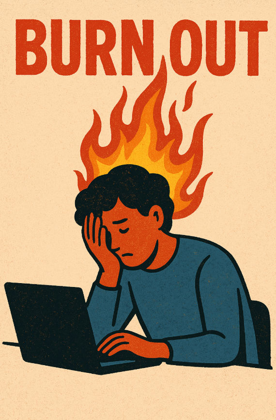 남성의 머리 위에 불길이 솟구치는 이미지 (Burn out)