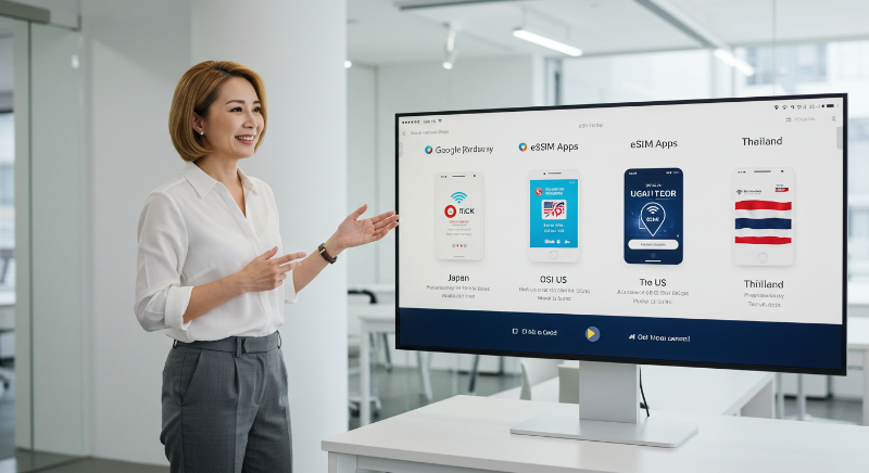 일본, 미국, 태국 각 국가별로 eSIM 앱을 추천해주는 여성