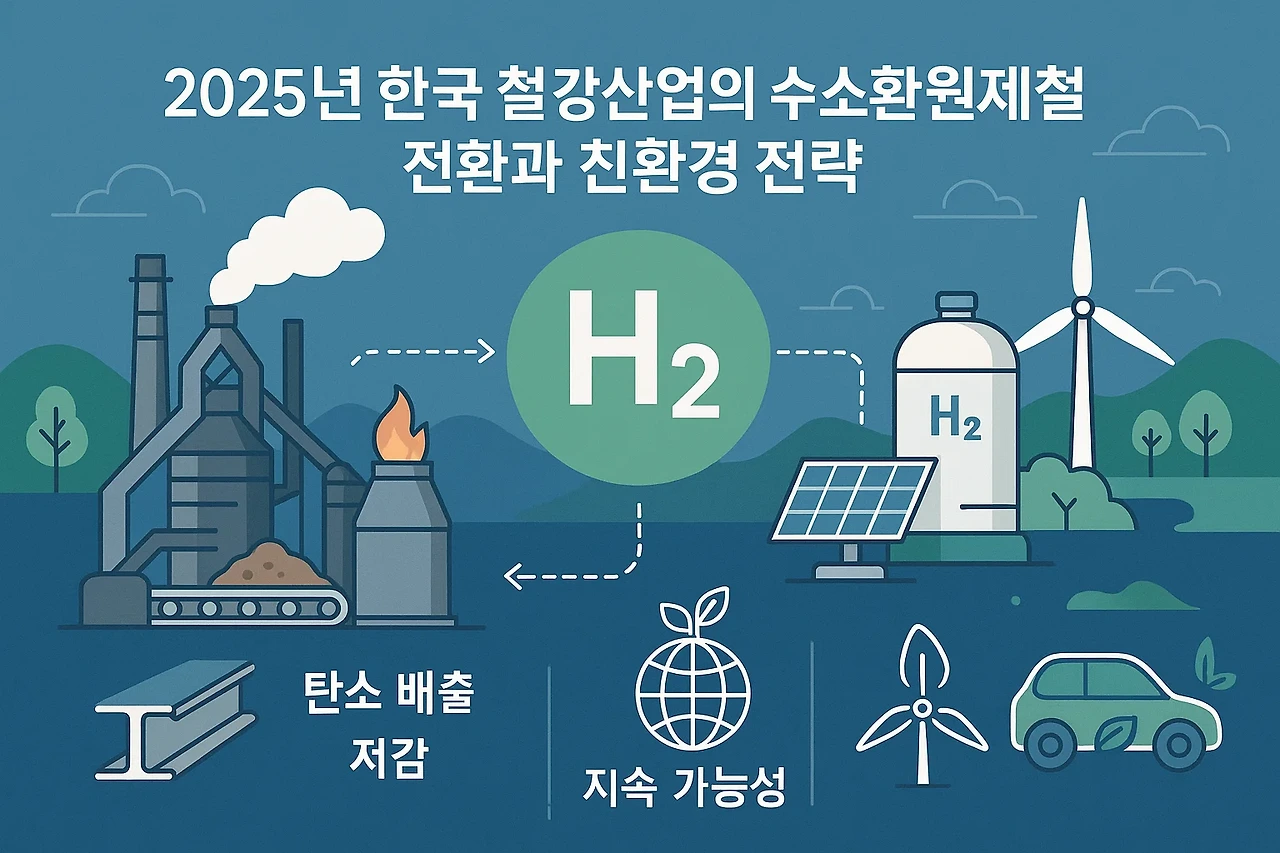 2025년 한국 철강산업의 수소환원제철 전환과 친환경 전략을 설명하는 현대적 그래픽