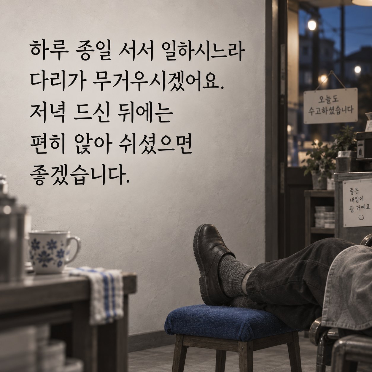 직장인 저녁 인사 이미지 17 — 하루 종일 서서 일하시느라 다리가 무거우시겠어요. 저녁 드신 뒤에는 편히 앉아 쉬셨으면 좋겠습니다.