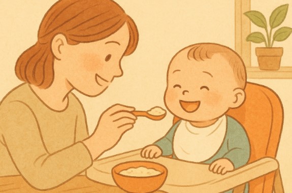 생후 6개월 아기가 엄마가 떠주는 첫 이유식을 숟가락으로 받아먹으며 미소 짓는 따뜻한 식사 장면