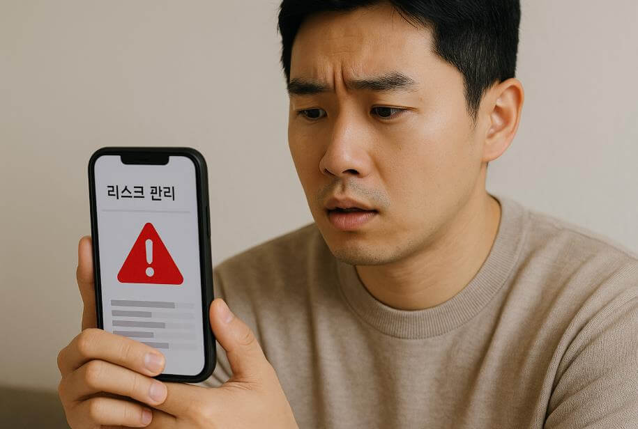 남성이 스마트폰 화면의 &lsquo;리스크 관리&rsquo; 경고 메시지를 보고 놀란 모습.