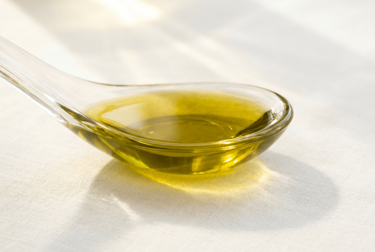 투명한 유리 스푼에 담긴 황금빛 올리브오일, 아침 햇살을 받아 반짝이는 모습, 깨끗한 흰색 배경