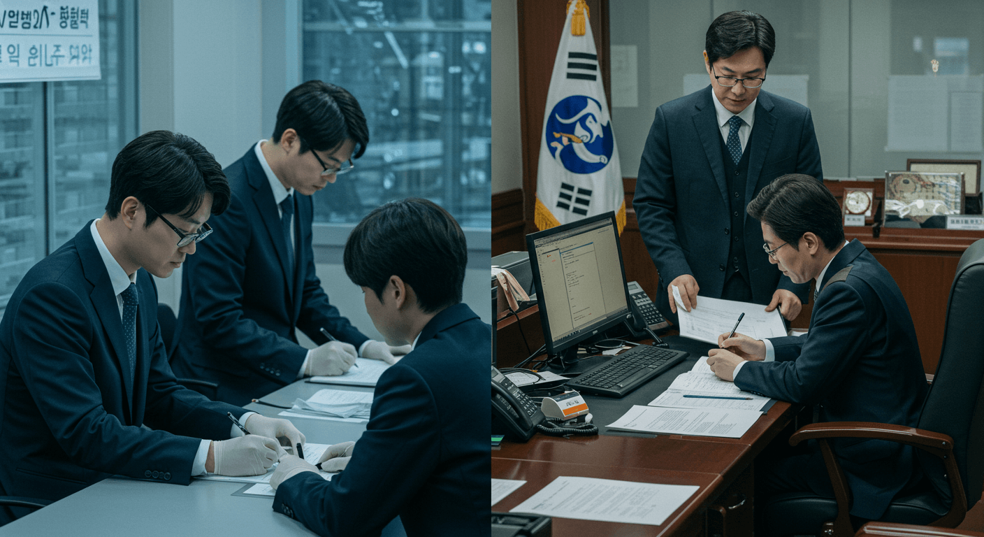 좌측에는 중대범죄수사청에서 조사하는 장면, 우측에는 공소청에서 한국인 검사가 공소장을 작성하는 모습. 수사와 기소의 분리를 상징적으로 표현 2