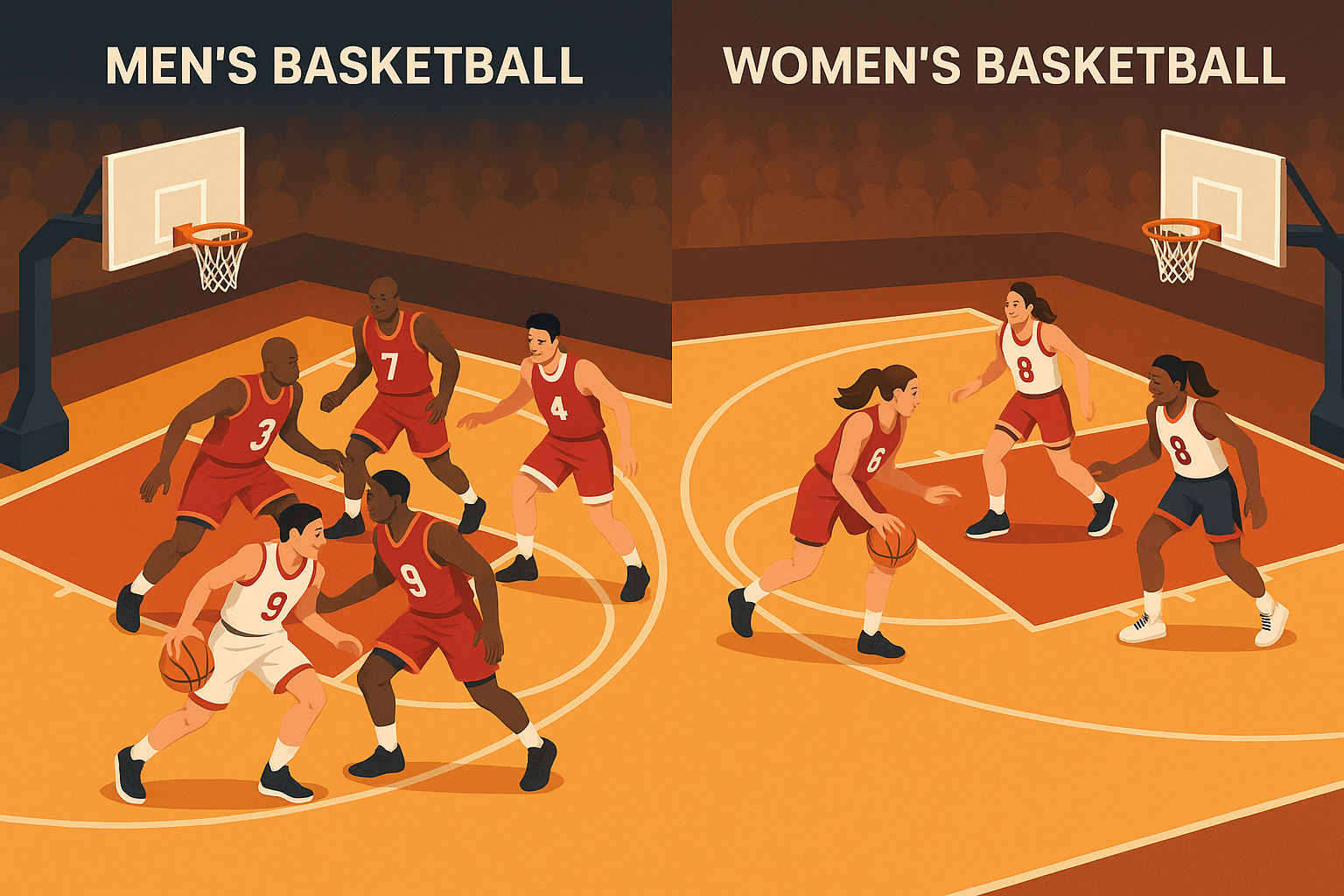 Split-screen illustration comparing men's and women's basketball game scenes on half courts with players in action