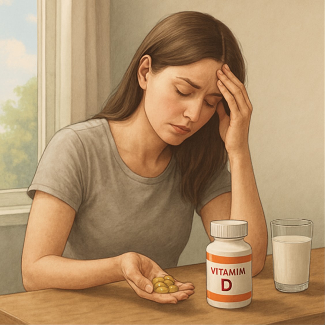 비타민D 부족 증상으로 피로를 느끼는 여성이 테이블에서 비타민D 보충제를 손에 들고 있는 리얼톤 일러스트
