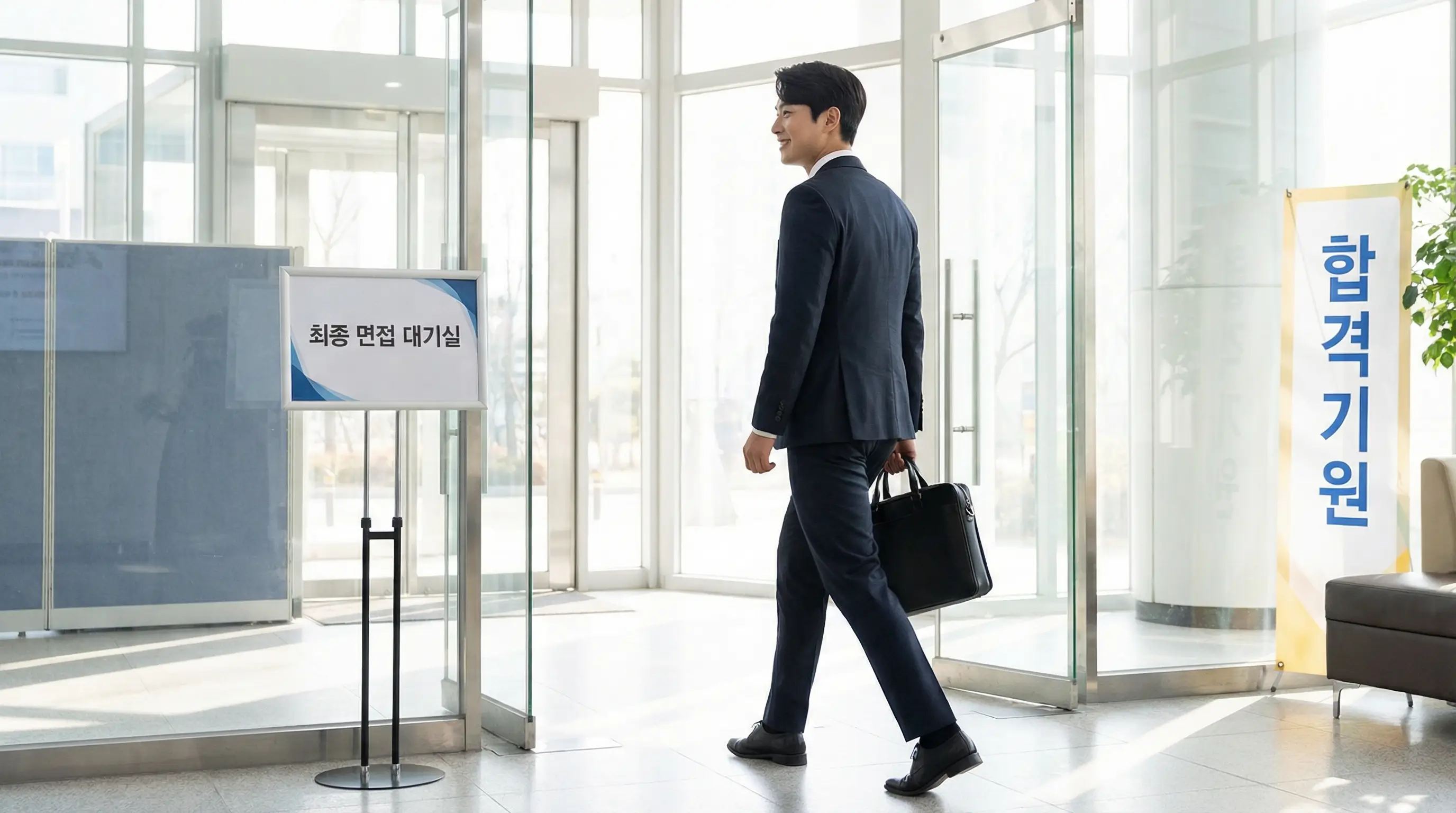 면접 복장을 입고 자신감 넘치는 표정으로 면접장에 들어가는 청년의 뒷모습, 성공적인 취업을 암시