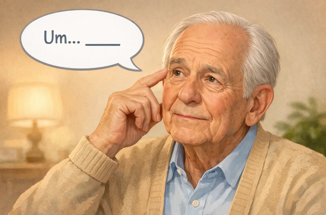 단어가 바로 떠오르지 않아 말문이 막힌 노인의 모습으로 언어 능력 저하를 상징한 이미지