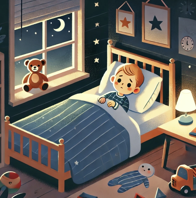 불안한 표정으로 잠들지 못하는 아이의 사진