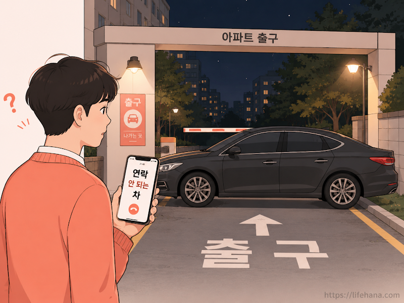 아파트 지하주차장 입구를 가로막은 차량 때문에 곤란해하는 한국인 남성의 모습과 스마트폰 화면