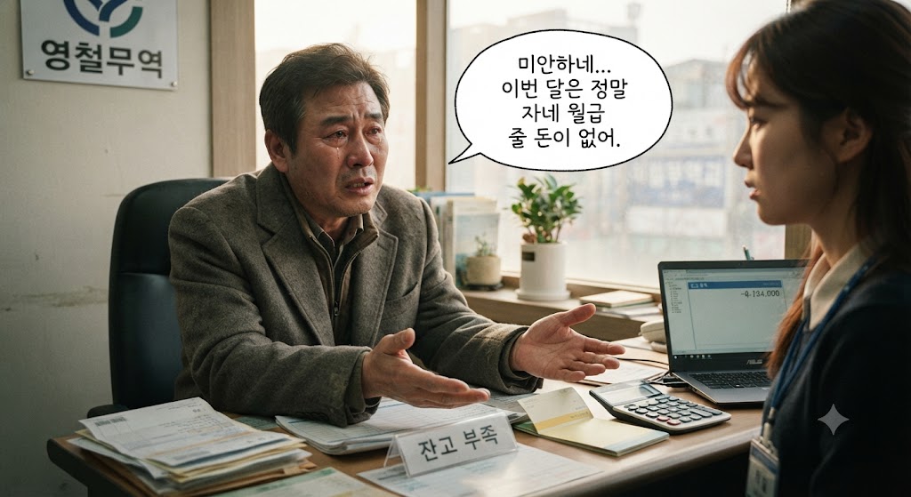 사업주가 회사에 돈이 없어서 월급을 줄 수 없다고 말하고 있는 모습