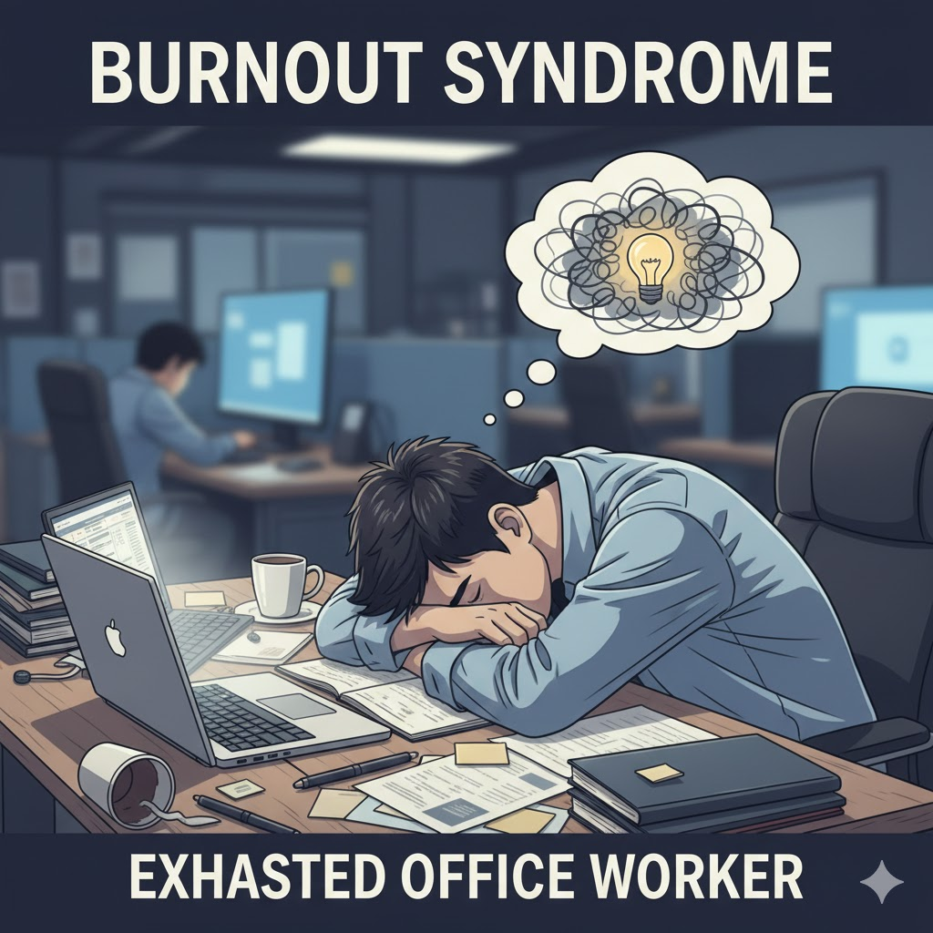 번아웃 증후군으로 피로를 느끼며 책상에 엎드려 있는 직장인의 모습