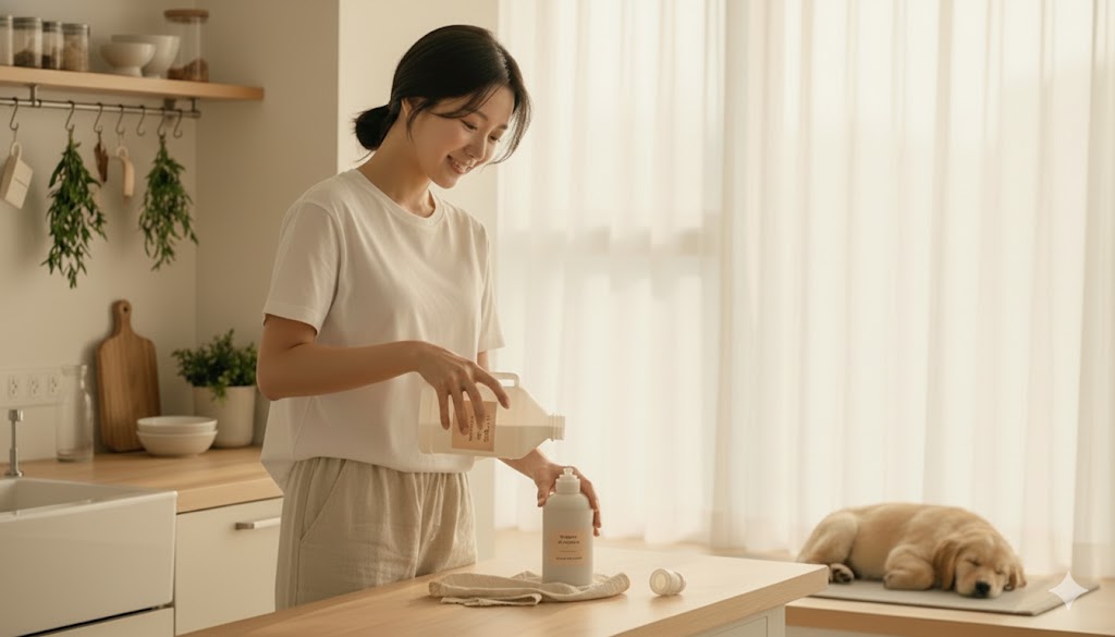 가정에서 M2000 용기를 M500 용기에 소분하는 모습. 여성 모델이 깔끔한 주방에서 대용량 M2000 용기의 액체를 M500 용기에 따르고 있으며, 효율적인 소분 및 활용이 가능함을 보여줍니다. (대용량 M2000 용기에 담긴 액체를 M500 용기에 소분하는 여성 모델의 모습. 배경은 깔끔한 가정집 주방. M시리즈 용량별 연동 사용의 편리성을 강조합니다.