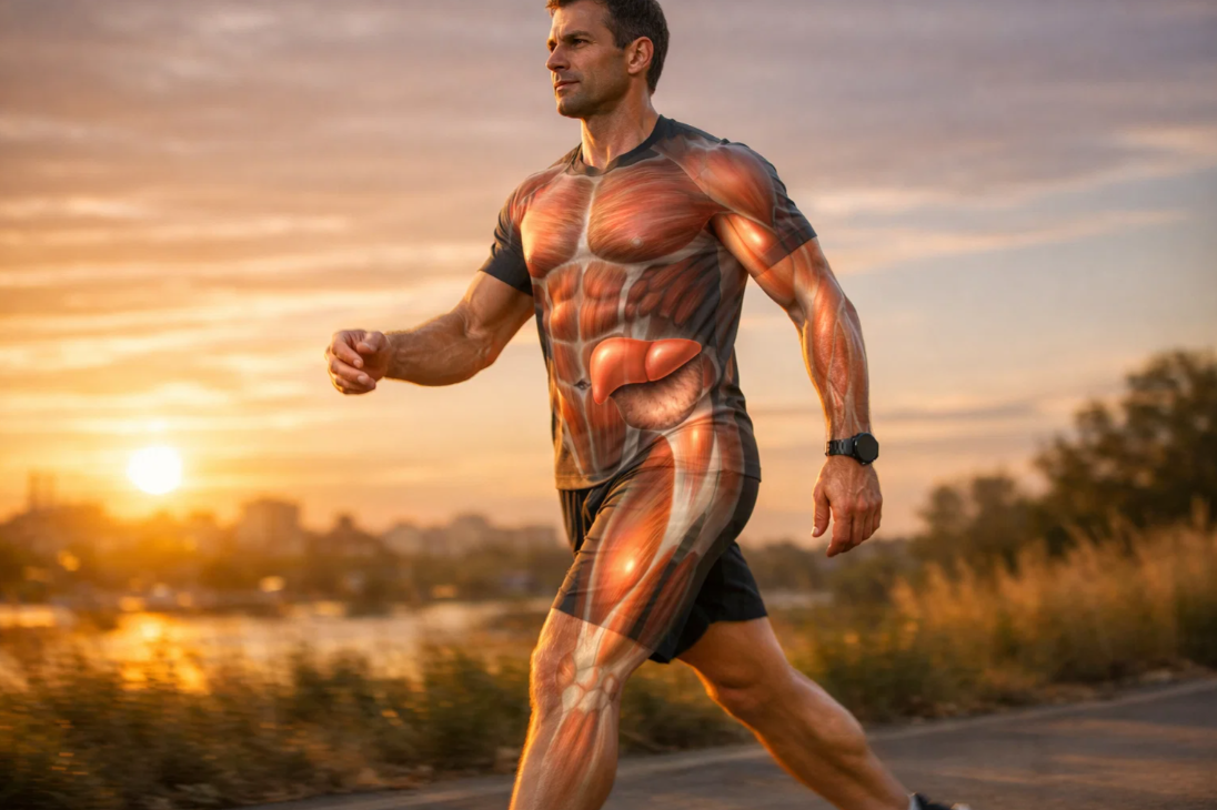 중강도 걷기 운동이 간 지방 감소에 도움을 주는 모습을 표현한 장면