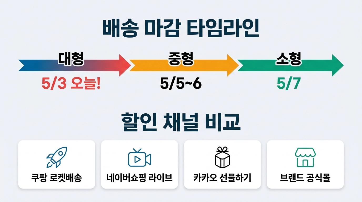 2026 어버이날 건강가전 배송 마감일과 할인 구매 채널 비교 인포그래픽