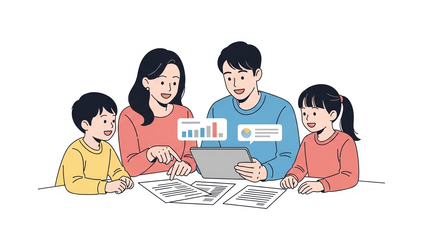 자녀장려금 소득기준이 완화되어 가족이 함께 서류를 확인하는 장면 1