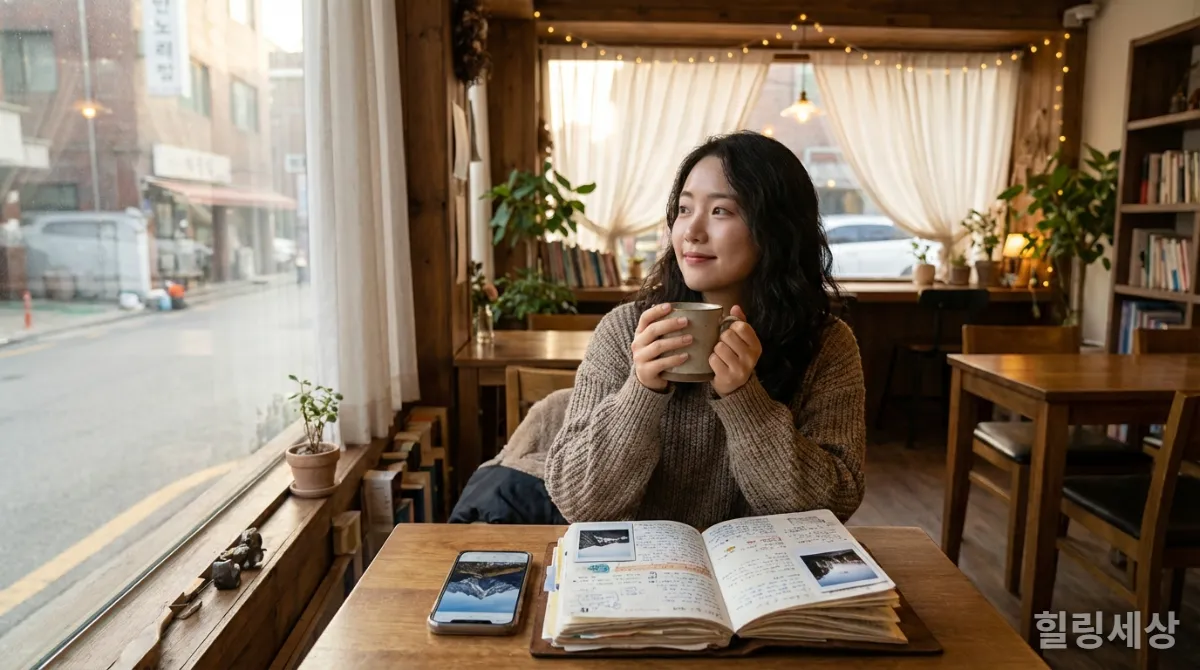 여행 후 정서적 공허함을 달래기 위해 카페에서 여행 일기를 쓰는 한국인