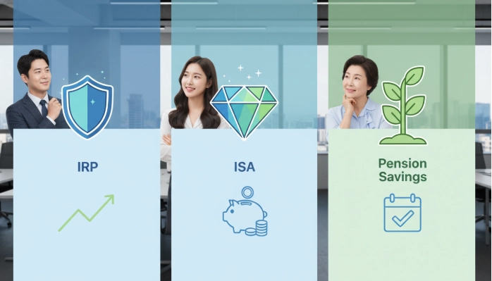 IRP, ISA, 연금저축 세 가지 금융 상품의 핵심 특징을 비교하는 추상적인 인포그래픽