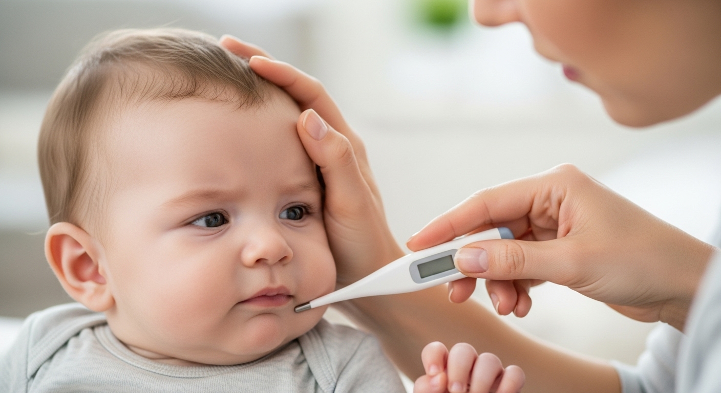 부모가 아기의 체온을 부드럽게 재는 모습, 아기는 살짝 보채고 있다.