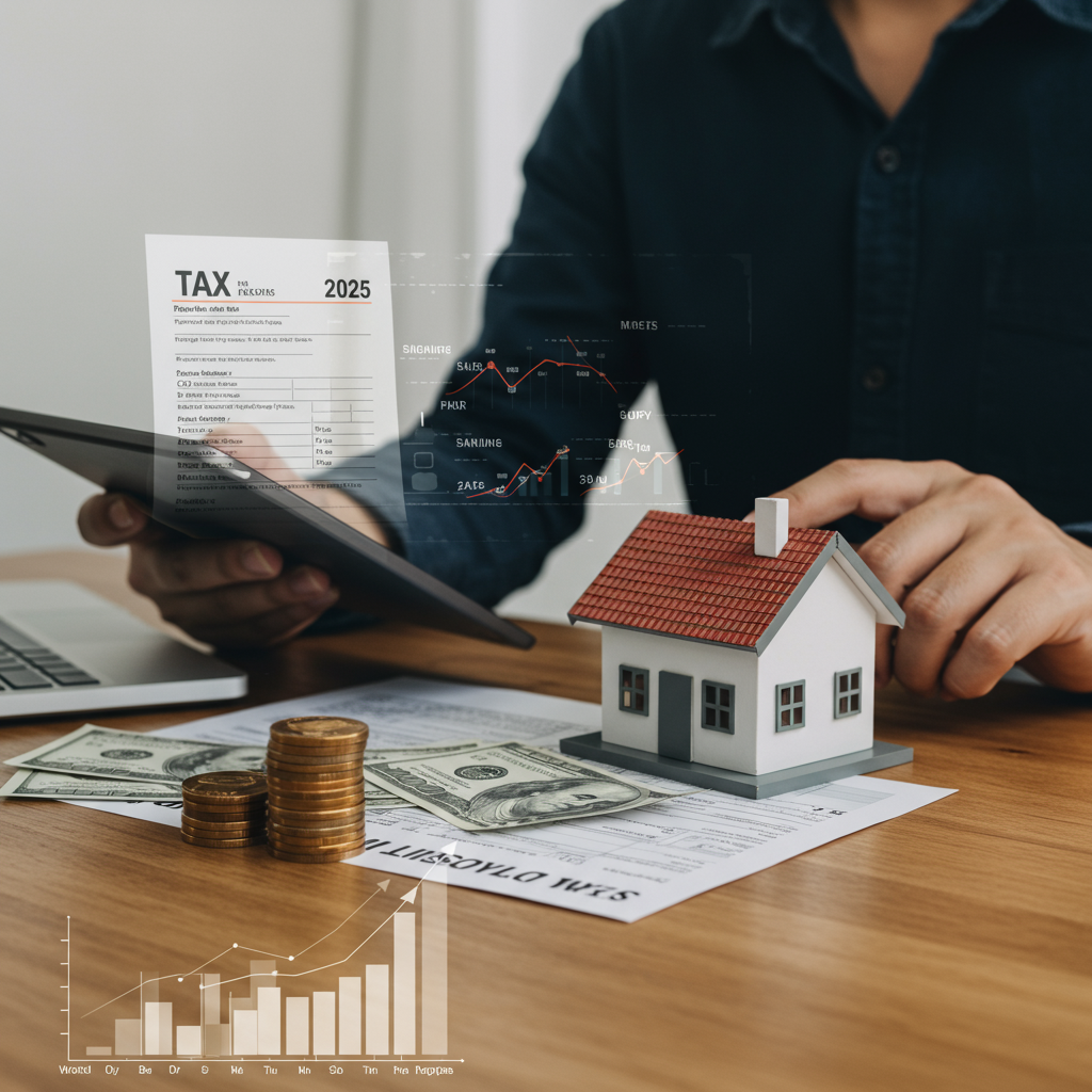 2025년 부동산 세금 계산 중인 사람 이미지