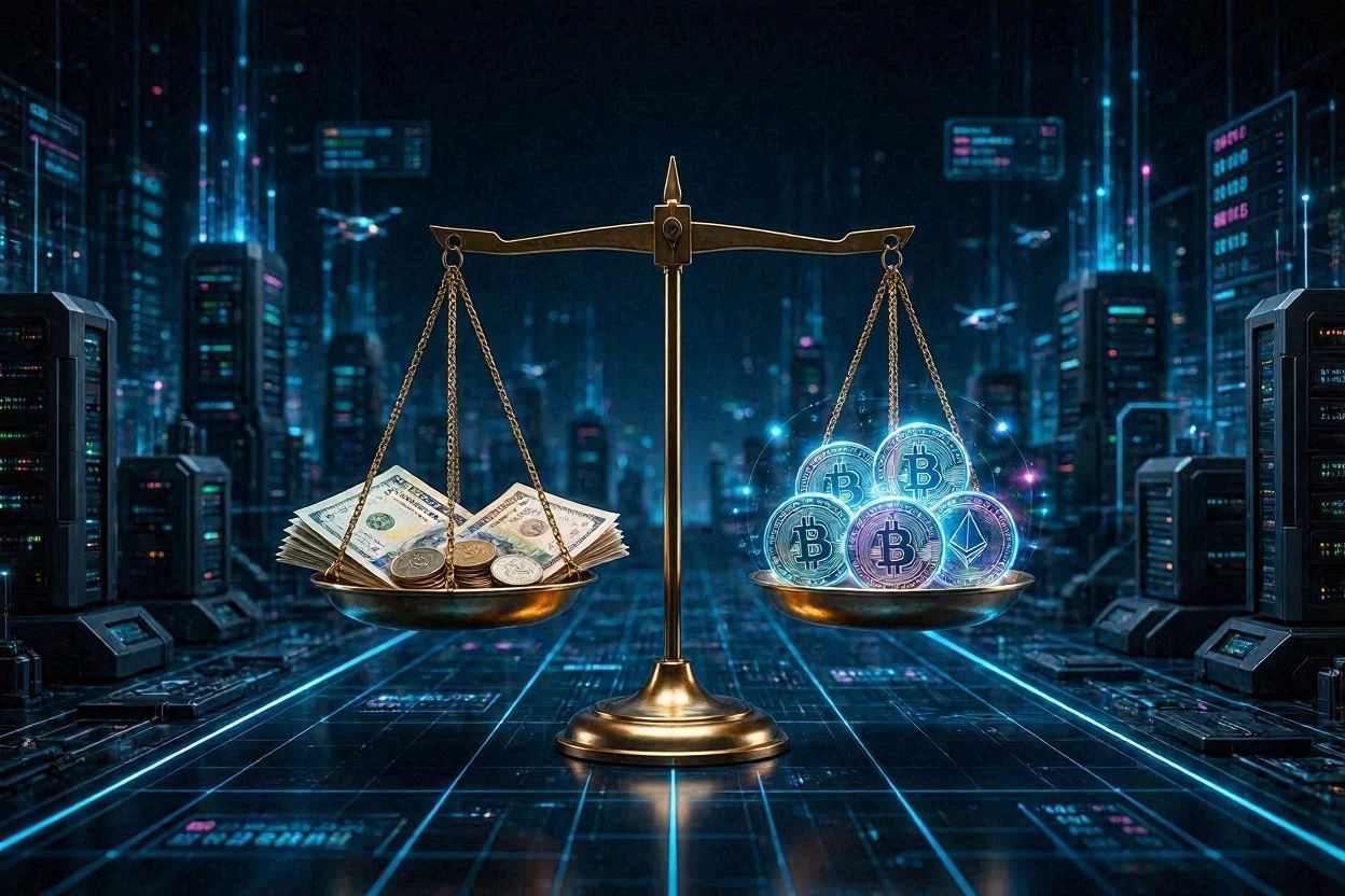 A scale displaying a futuristic digital landscape, with traditional fiat currency on one side and vividly glowing cryptocurrency tokens on the other.