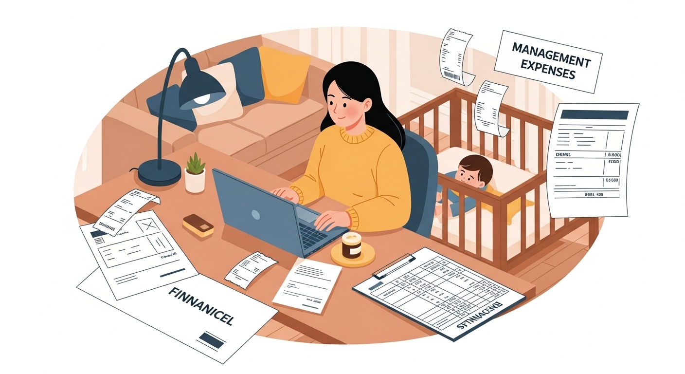 부산에서 아기를 돌보며 사업 서류와 영수증을 정리하는 여성 소상공인의 모습. 육아와 경영을 병행하는 현실을 보여준다.