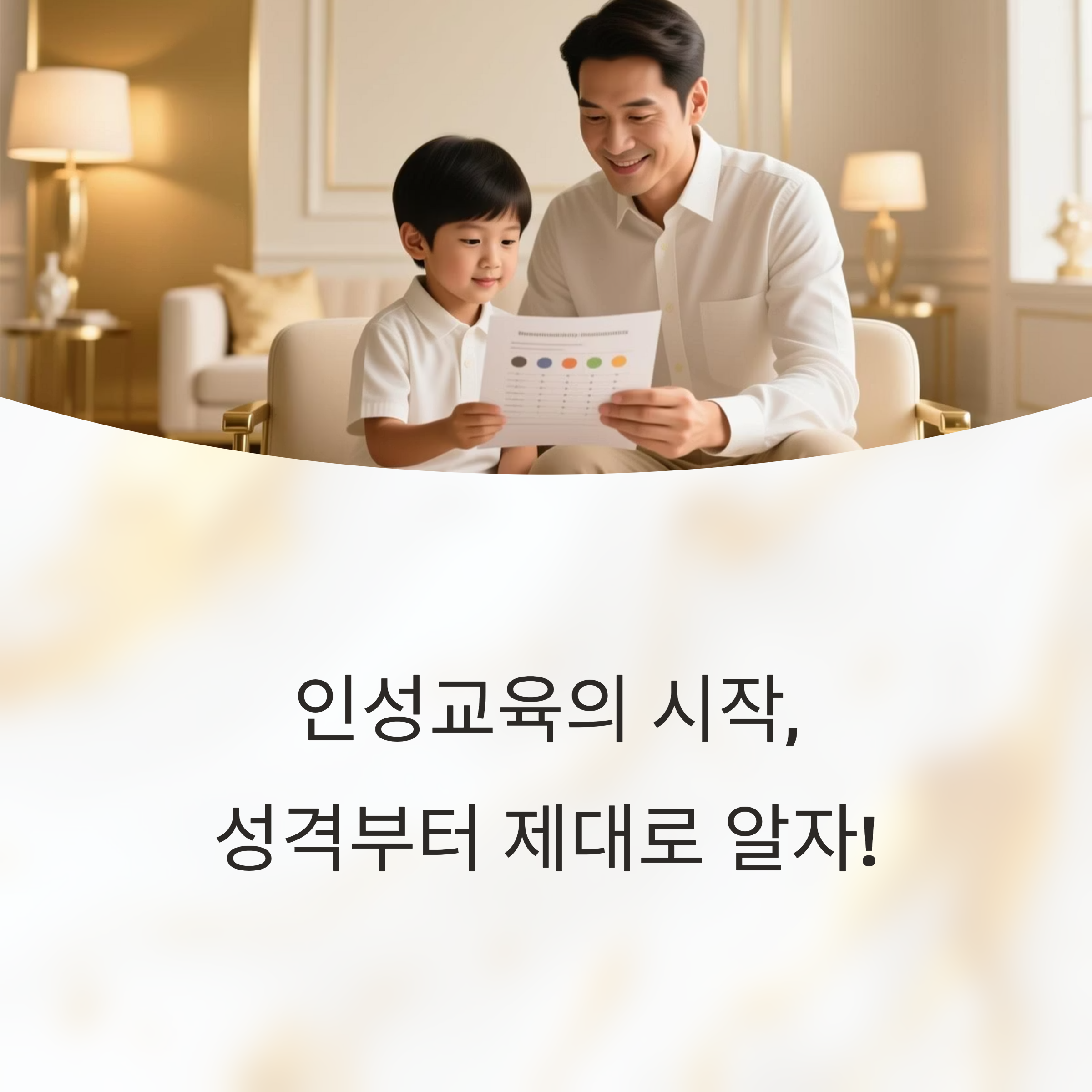 아빠와 아이가 함께 성격 검사지를 보며 웃는 모습, 인성교육 시작을 강조하는 이미지
