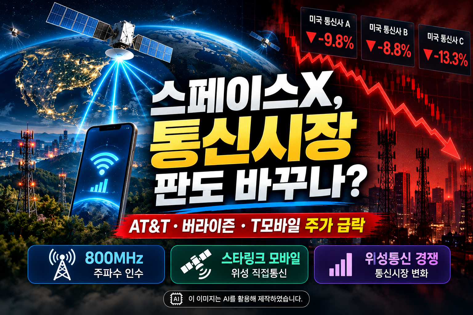 스페이스X의 800MHz 주파수 인수와 스타링크 모바일 위성통신 시장 진출로 AT&T·버라이즌·T모바일 주가가 급락한 상황을 위성, 스마트폰, 통신탑 및 하락 차트로 표현한 이미지
