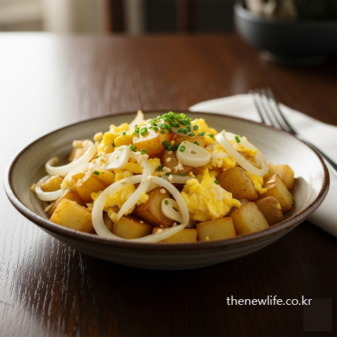 감자요리 레시피 – 깍둑썰기 감자와 계란, 양파를 볶아 만든 다이어트 감자요리