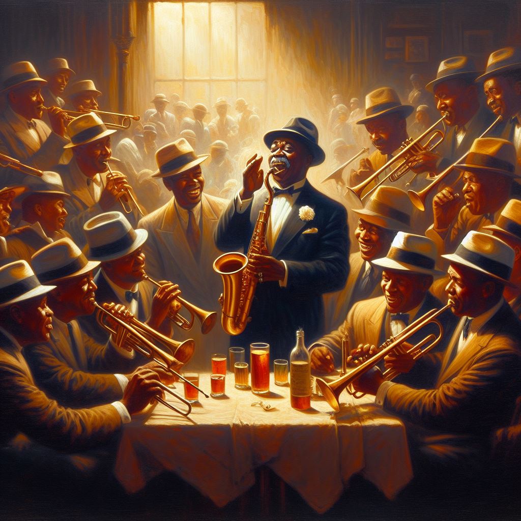 A realistic still life painting of a That Singing What a Wonderful World Louis Armstrong Satchmo&amp;#44; Dippermouth at jazz bar with his crew