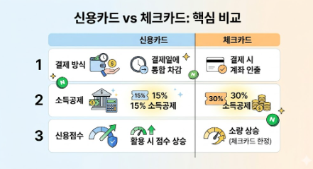 신용카드와 체크카드의 핵심 차이점을 직관적으로 비교한 인포그래픽