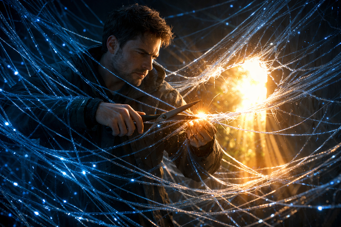 디지털 연결의 과부하를 끊어내고 휴식을 찾는 현대인의 모습을 형상화한 이미지