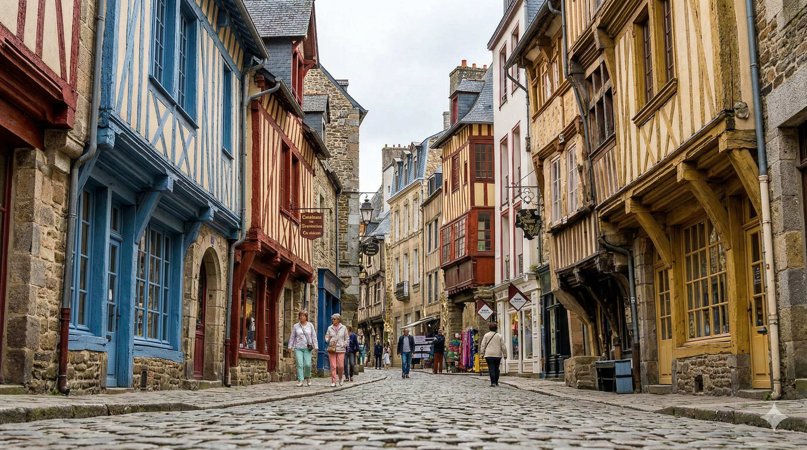 시간을 거슬러 올라간 듯한 프랑스 디낭의 전통적인 목조 골조(콜롱바주) 건축물과 오래된 자갈길
