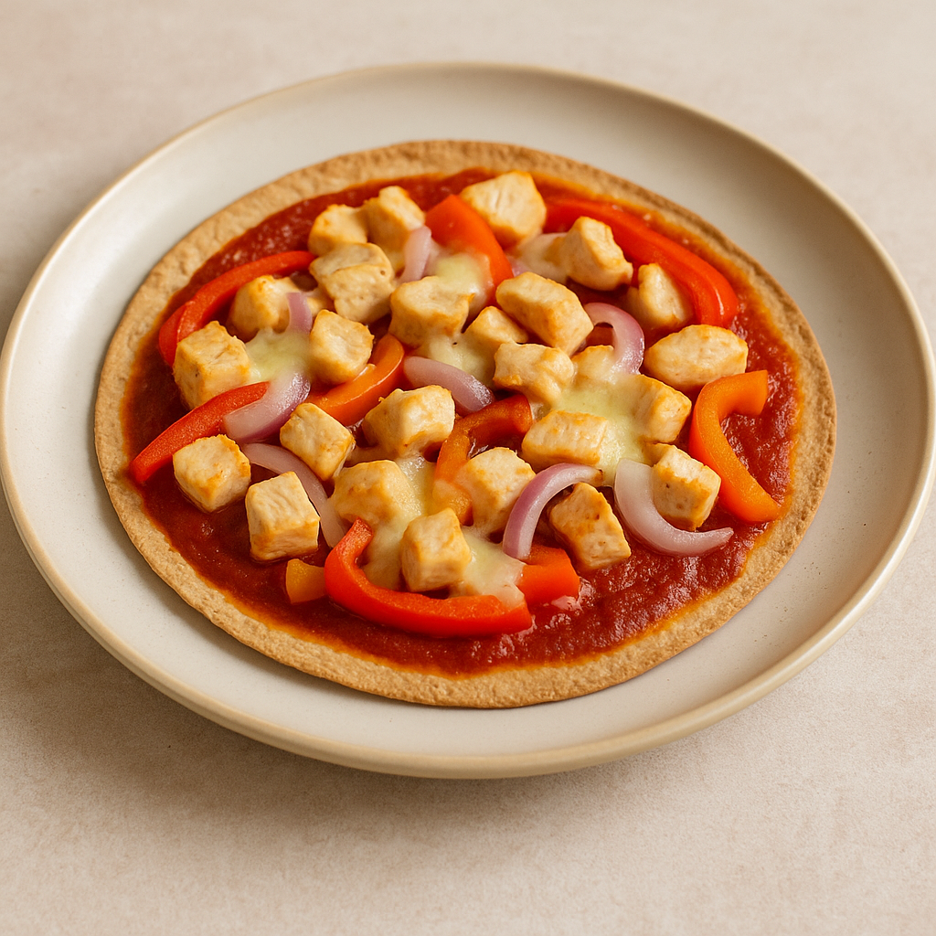 🧀 5️⃣ 단백질 또띠아 피자 – 밀가루 대신 단백질 랩으로