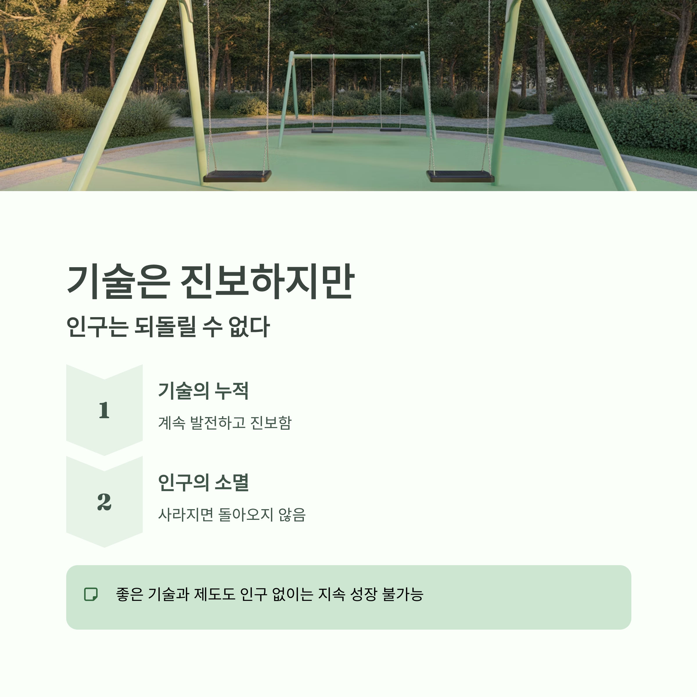 기술은 발전하지만 인구 감소는 되돌릴 수 없다는 경고 메시지를 담은 인포그래픽 이미지