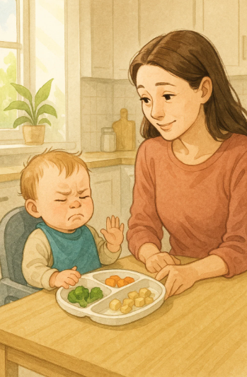 식사 거부하는 아기를 이해하며 기다려주는 엄마의 모습