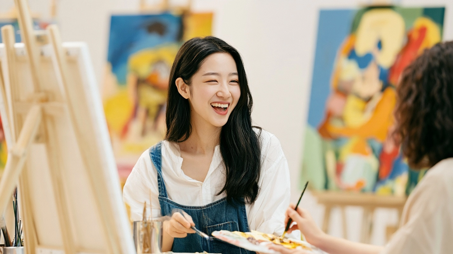 그림을 그린 뒤 웃으며 이야기하는 참가자들