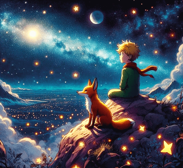 금발머리의 어린왕자가 바위에 앉아서 밤하늘에 뜬 별을 바라본다. 옆에는 사막여우가 서 있다.