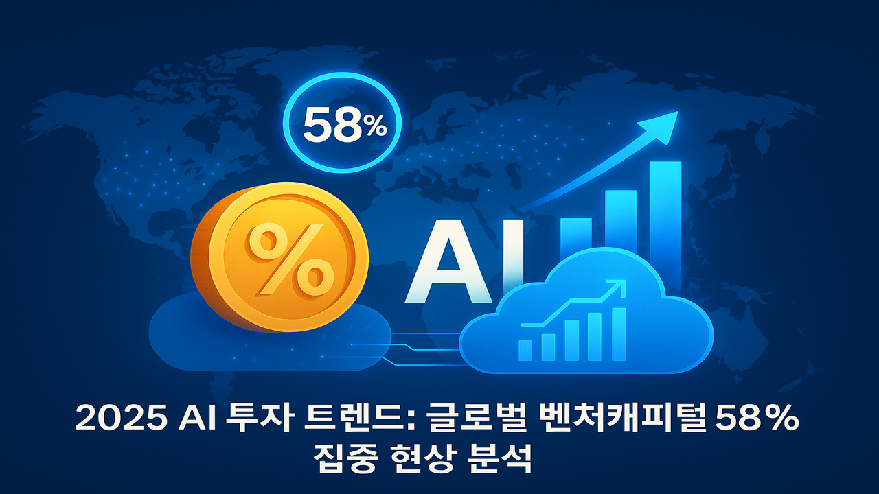 2025년 AI 투자 트렌드를 분석하며 글로벌 벤처캐피털 58% 집중 현상을 강조한 인포그래픽과 성장 그래프