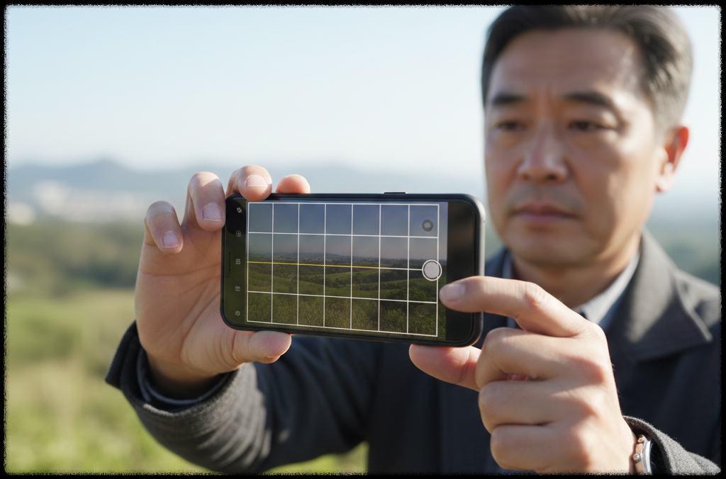 그리드를 보며 촬영 구도를 잡는 장면
