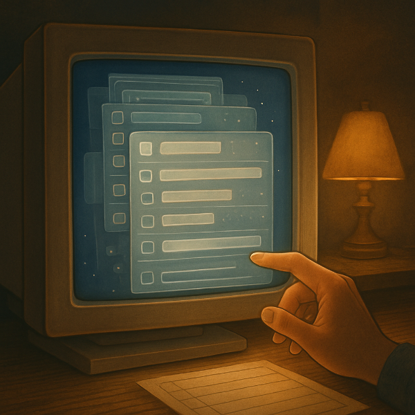 나무 책상 위 오래된 CRT 모니터에 회계 항목이 겹겹이 정리된 감성적 화면이 펼쳐진 이미지