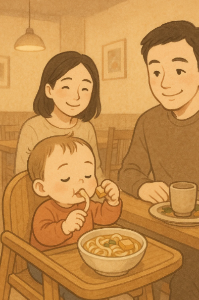 식당에서 아기가 혼자 식사하는 모습, 유아의 첫 외식 순간